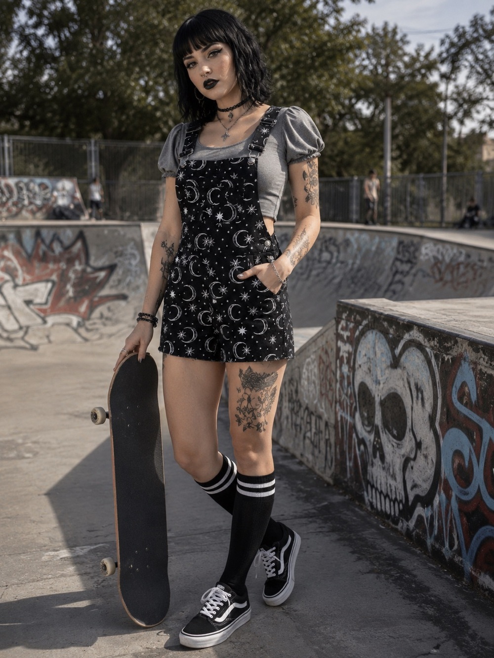 HT Denim Celestial Moon & Stars Short Overalls Black Goth Grunge Alternative